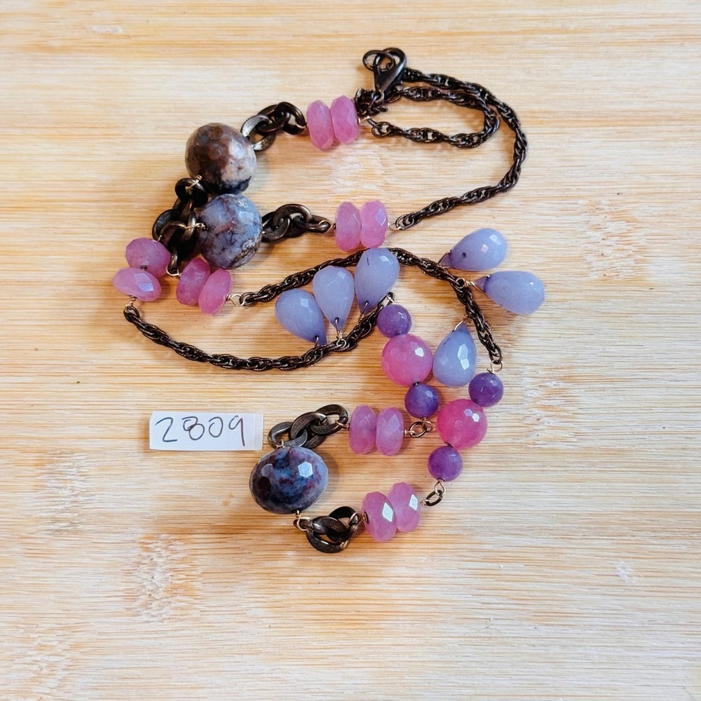 VTG Y2K Pastel Stone Glass Necklace BOHO Artisan Mod Copper Chain Rare OOAK 26" - Picture 5 of 5
